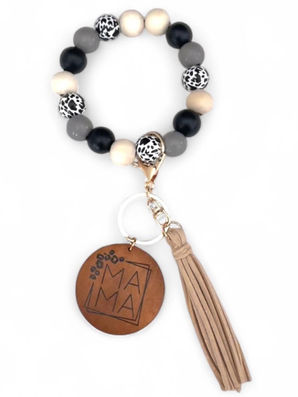 Mama Beaded Tassel Keyring Wristlet - Black, Gray, Cream